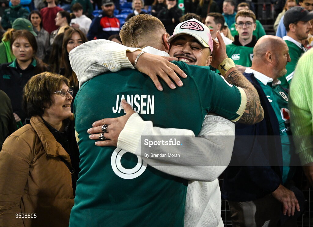 11 July 2026; Sean Jansen of Ireland celebrates with friends after the 2026 Nations Championship Round Two match between Japan and Ireland at McDonald Jones Stadium in Newcastle, Australia. Photo by Brendan Moran/Sportsfile