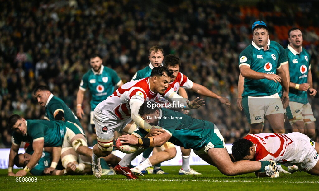 11 July 2026; Tom O’Toole of Ireland scores his side/s second try during the 2026 Nations Championship Round Two match between Japan and Ireland at McDonald Jones Stadium in Newcastle, Australia. Photo by Brendan Moran/Sportsfile