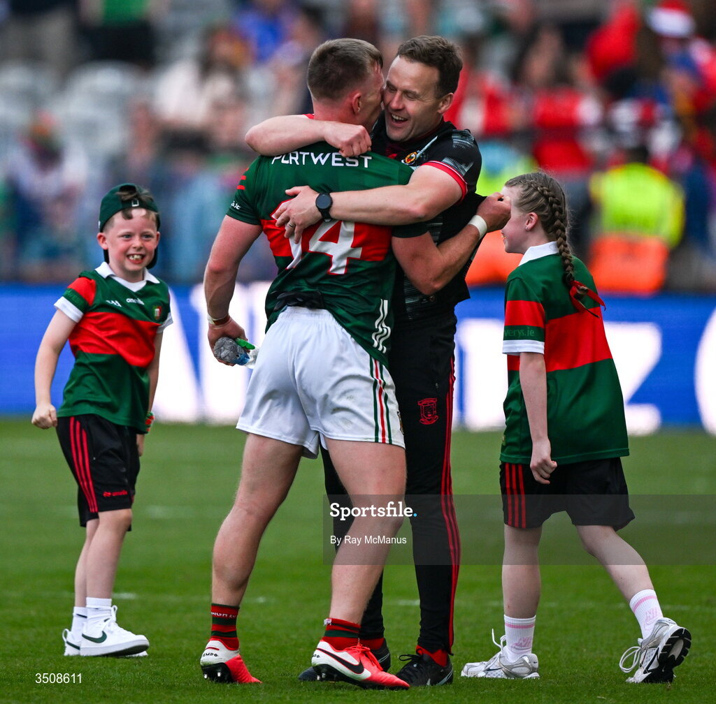 11 July 2026; Mayo manager Andy Moran and Ryan O'Donoghue after the GAA Football All-Ireland Senior Championship semi-final match between Mayo and Louth at Croke Park in Dublin. Photo by Ray McManus/Sportsfile