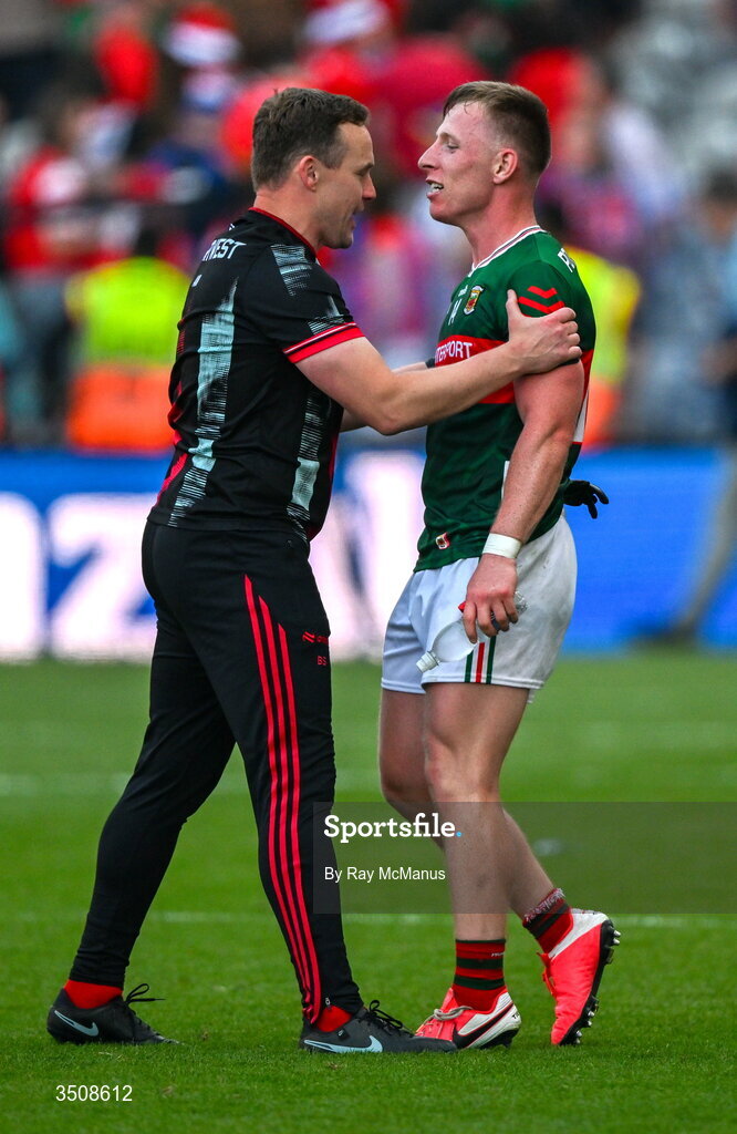 11 July 2026; Mayo manager Andy Moran and Ryan O'Donoghue after the GAA Football All-Ireland Senior Championship semi-final match between Mayo and Louth at Croke Park in Dublin. Photo by Ray McManus/Sportsfile