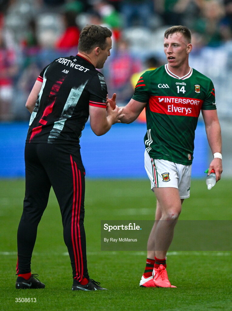 11 July 2026; Mayo manager Andy Moran and Ryan O'Donoghue after the GAA Football All-Ireland Senior Championship semi-final match between Mayo and Louth at Croke Park in Dublin. Photo by Ray McManus/Sportsfile