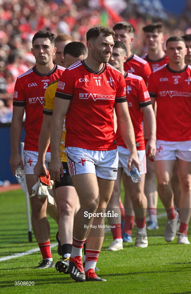 11 July 2026; Sam Mulroy of Louth leads his team-mates in the pre match parade before the GAA Football All-Ireland Senior Championship semi-final match between Mayo and Louth at Croke Park in Dublin. Photo by Ray McManus/Sportsfile