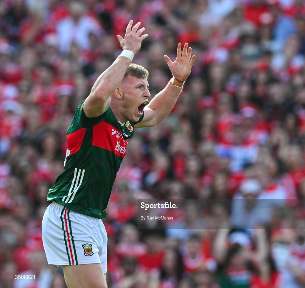 11 July 2026; Ryan O'Donoghue of Mayo celebrates his 6th minute goal during the GAA Football All-Ireland Senior Championship semi-final match between Mayo and Louth at Croke Park in Dublin. Photo by Ray McManus/Sportsfile