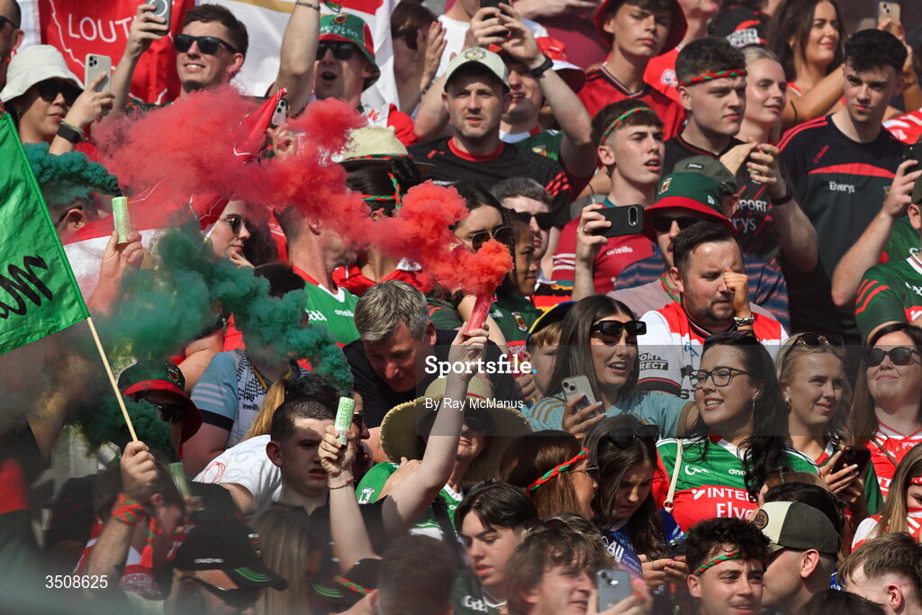 11 July 2026; Mayo supporters on Hill 16 with Smoke Grenades before the GAA Football All-Ireland Senior Championship semi-final match between Mayo and Louth at Croke Park in Dublin. Photo by Ray McManus/Sportsfile