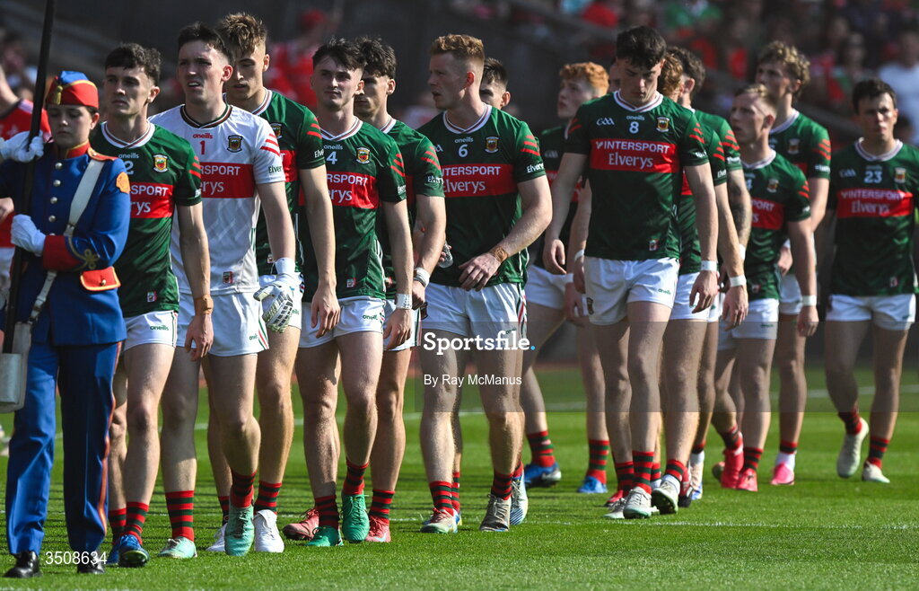 11 July 2026; Jack Coyne of Mayo leads his team-mates in the prematch parade the GAA Football All-Ireland Senior Championship semi-final match between Mayo and Louth at Croke Park in Dublin. Photo by Ray McManus/Sportsfile