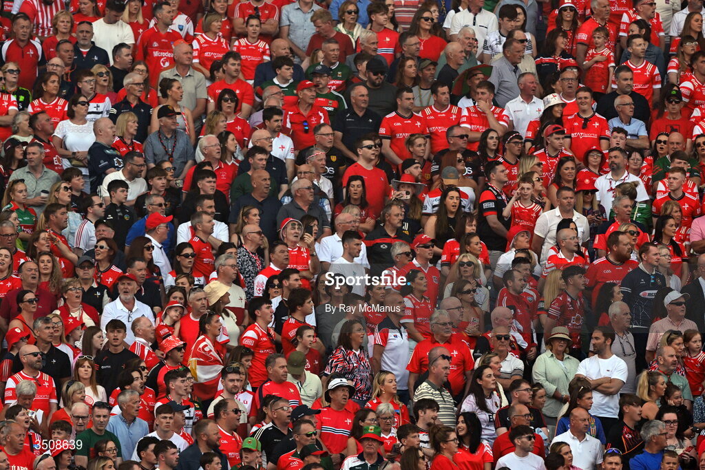 11 July 2026; Louth supporters, in the Hogan Stand, before the GAA Football All-Ireland Senior Championship semi-final match between Mayo and Louth at Croke Park in Dublin. Photo by Ray McManus/Sportsfile