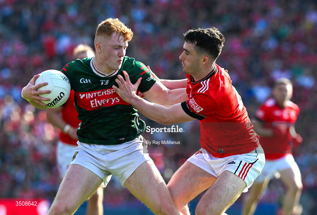 11 July 2026; Darragh Beirne of Mayo is tackled by Daire Nally of Louth  during the GAA Football All-Ireland Senior Championship semi-final match between Mayo and Louth at Croke Park in Dublin. Photo by Ray McManus/Sportsfile