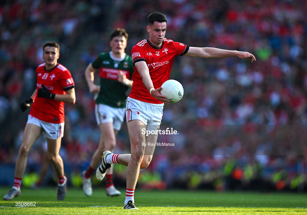 11 July 2026; Conall McCaul of Louth during the GAA Football All-Ireland Senior Championship semi-final match between Mayo and Louth at Croke Park in Dublin. Photo by Ray McManus/Sportsfile