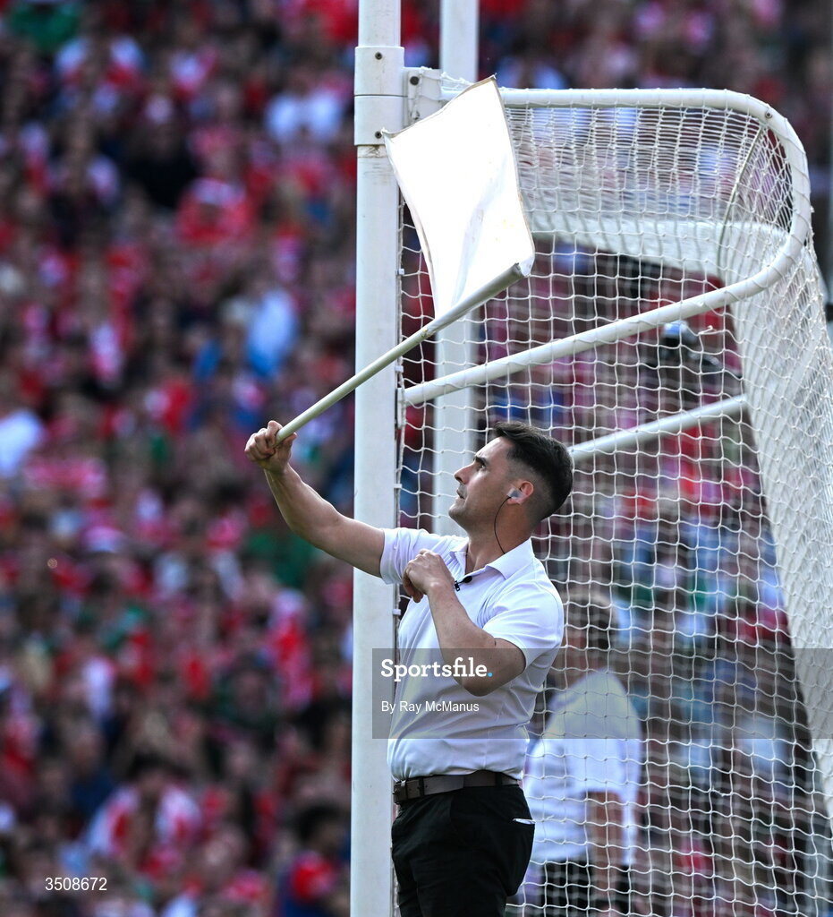 11 July 2026; A 'score umpire' waves a white flag to indicate a one point score during the GAA Football All-Ireland Senior Championship semi-final match between Mayo and Louth at Croke Park in Dublin. Photo by Ray McManus/Sportsfile