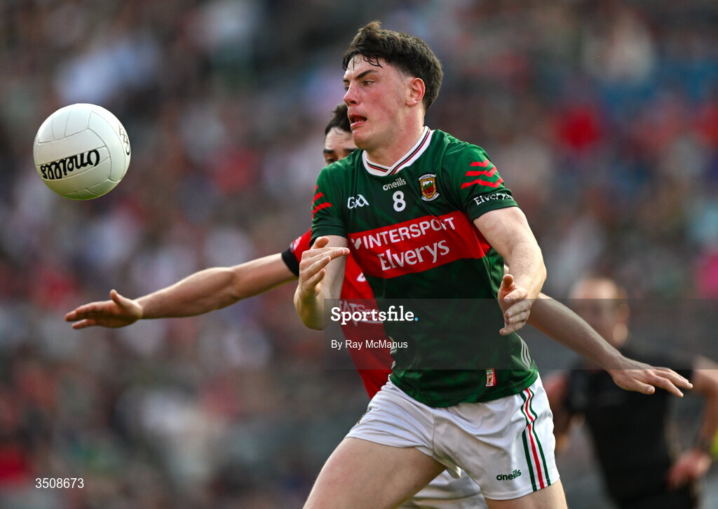 11 July 2026; Bob Tuohy of Mayo is tackled by Emmet Carolan of Louth during the GAA Football All-Ireland Senior Championship semi-final match between Mayo and Louth at Croke Park in Dublin. Photo by Ray McManus/Sportsfile