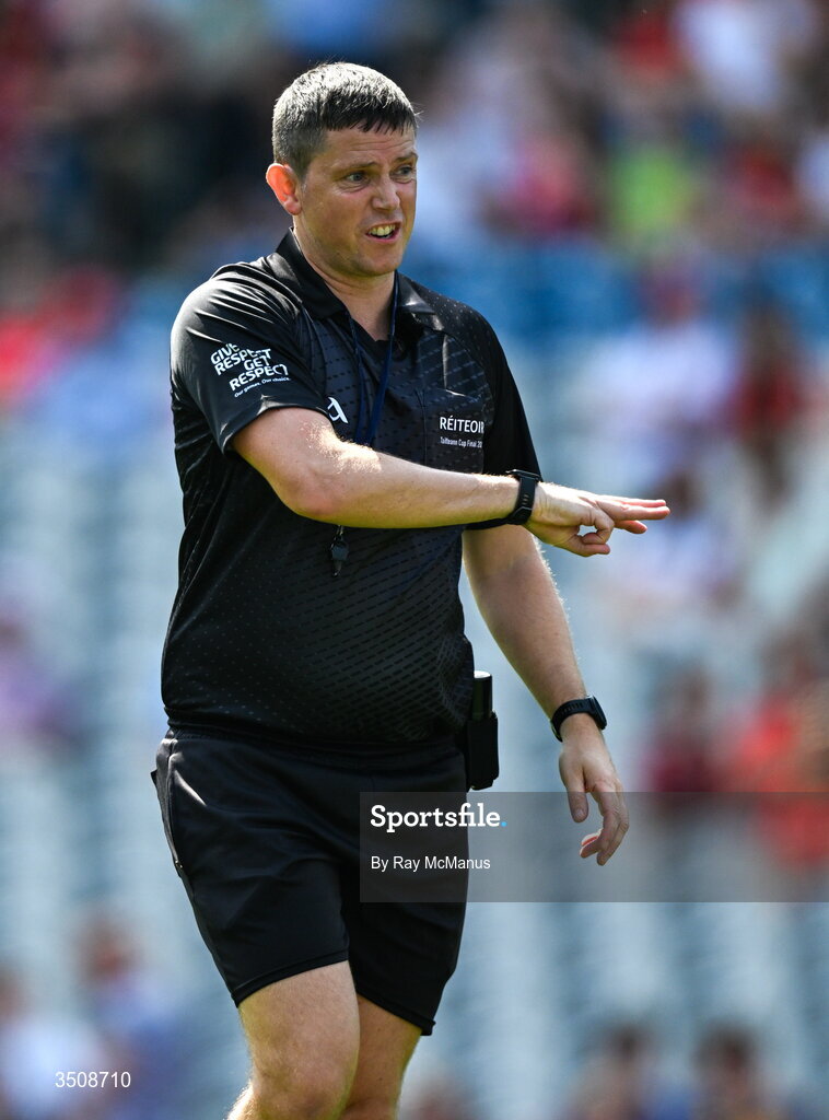 11 July 2026; Referee Barry Tiernan during the Tailteann Cup final match between Down and Wicklow at Croke Park in Dublin. Photo by Ray McManus/Sportsfile