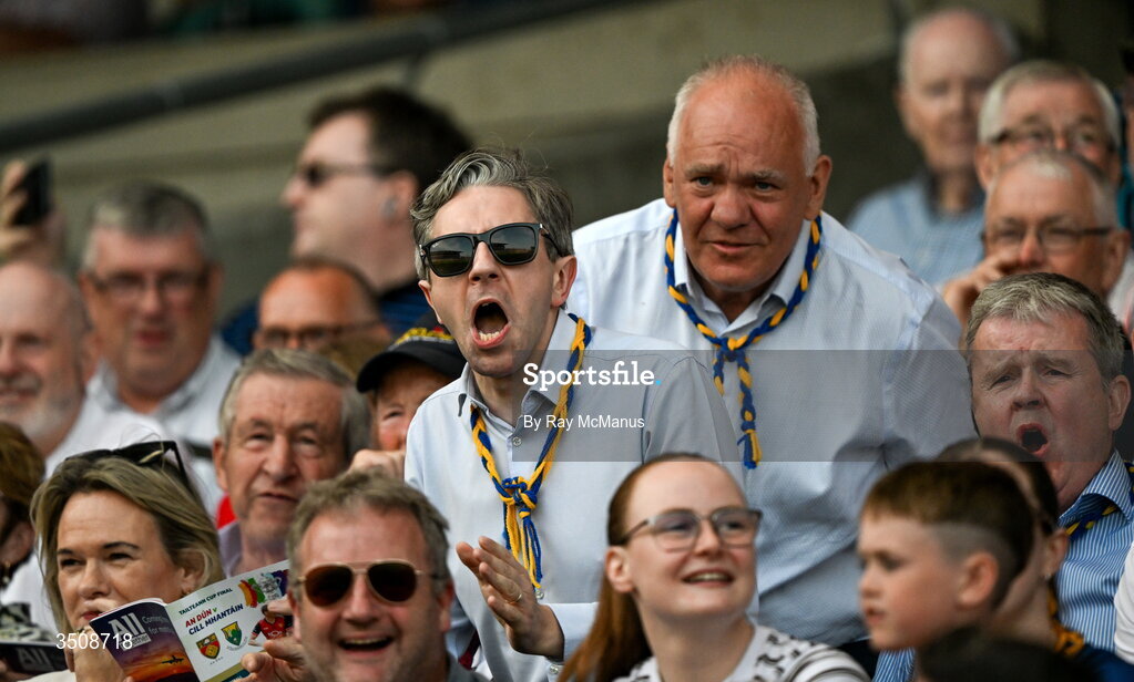 11 July 2026; Tánaiste Simon Harris T.D., who was born in Greystones, County Wicklow, and Brian Brennan T.D., right, during the Tailteann Cup final match between Down and Wicklow at Croke Park in Dublin. Photo by Ray McManus/Sportsfile