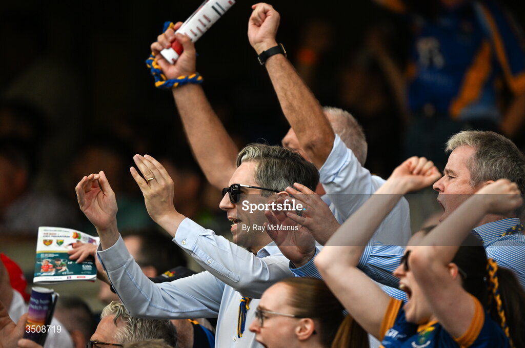 11 July 2026; Tánaiste Simon Harris, who was born in Greystones, County Wicklow, celebrates a late score for Wicklow during the Tailteann Cup final match between Down and Wicklow at Croke Park in Dublin. Photo by Ray McManus/Sportsfile
