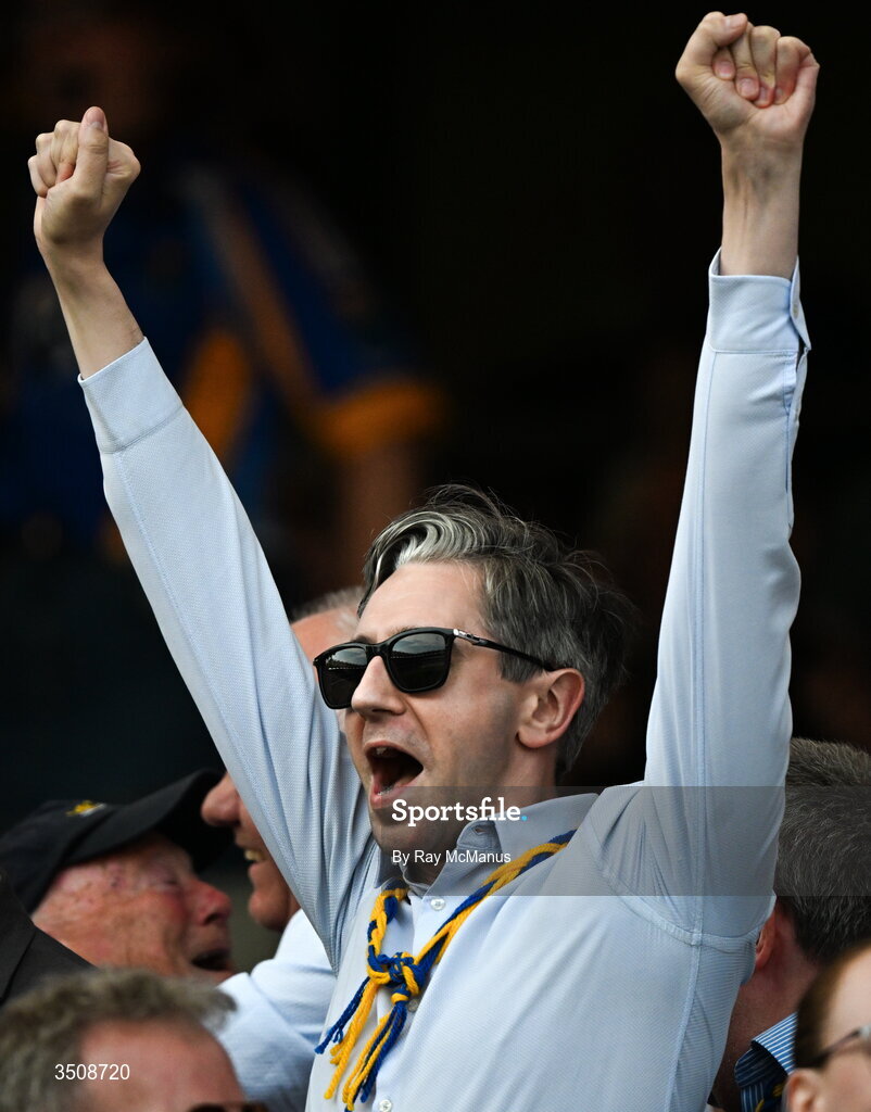 11 July 2026; Tánaiste Simon Harris, who was born in Greystones, County Wicklow, celebrates as the hooter sounds at the end the Tailteann Cup final match between Down and Wicklow at Croke Park in Dublin. Photo by Ray McManus/Sportsfile