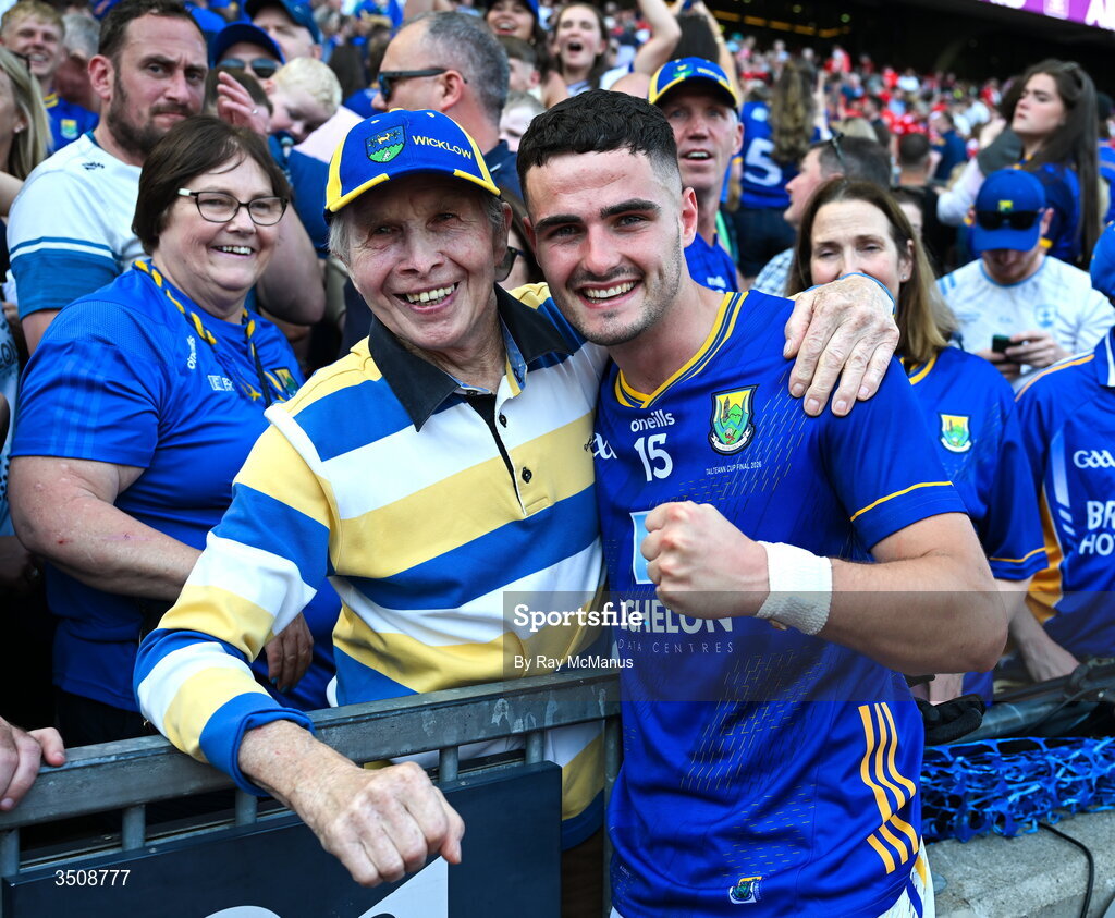 11 July 2026; Eoin Darcy of Wicklow and Wicklow supporter Des Burton, a life long Dublin supporter, after the Tailteann Cup final match between Down and Wicklow at Croke Park in Dublin. Photo by Ray McManus/Sportsfile