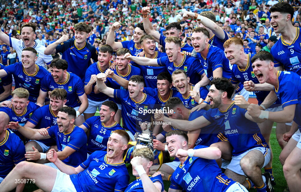 11 July 2026; Wicklow players celebrate with the Tailteann Cup after the Tailteann Cup final match between Down and Wicklow at Croke Park in Dublin. Photo by Ray McManus/Sportsfile