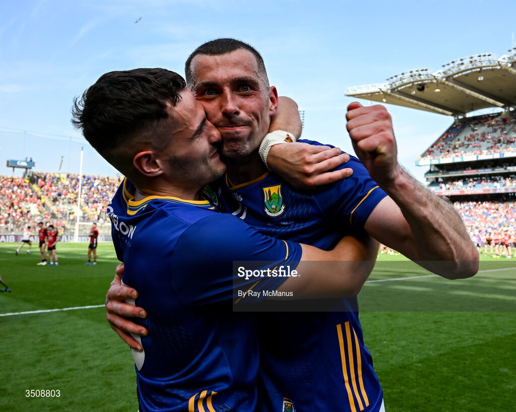 11 July 2026; Eoin Darcy, left, and Padraig O'Toole of Wicklow celebrate after the Tailteann Cup final match between Down and Wicklow at Croke Park in Dublin. Photo by Ray McManus/Sportsfile