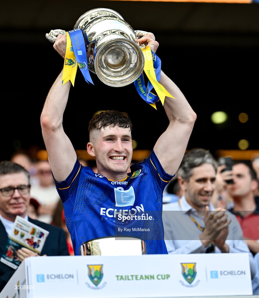 11 July 2026; Tom Moran of Wicklow lifts the Tailteann Cup after the final between Down and Wicklow at Croke Park in Dublin. Photo by Ray McManus/Sportsfile