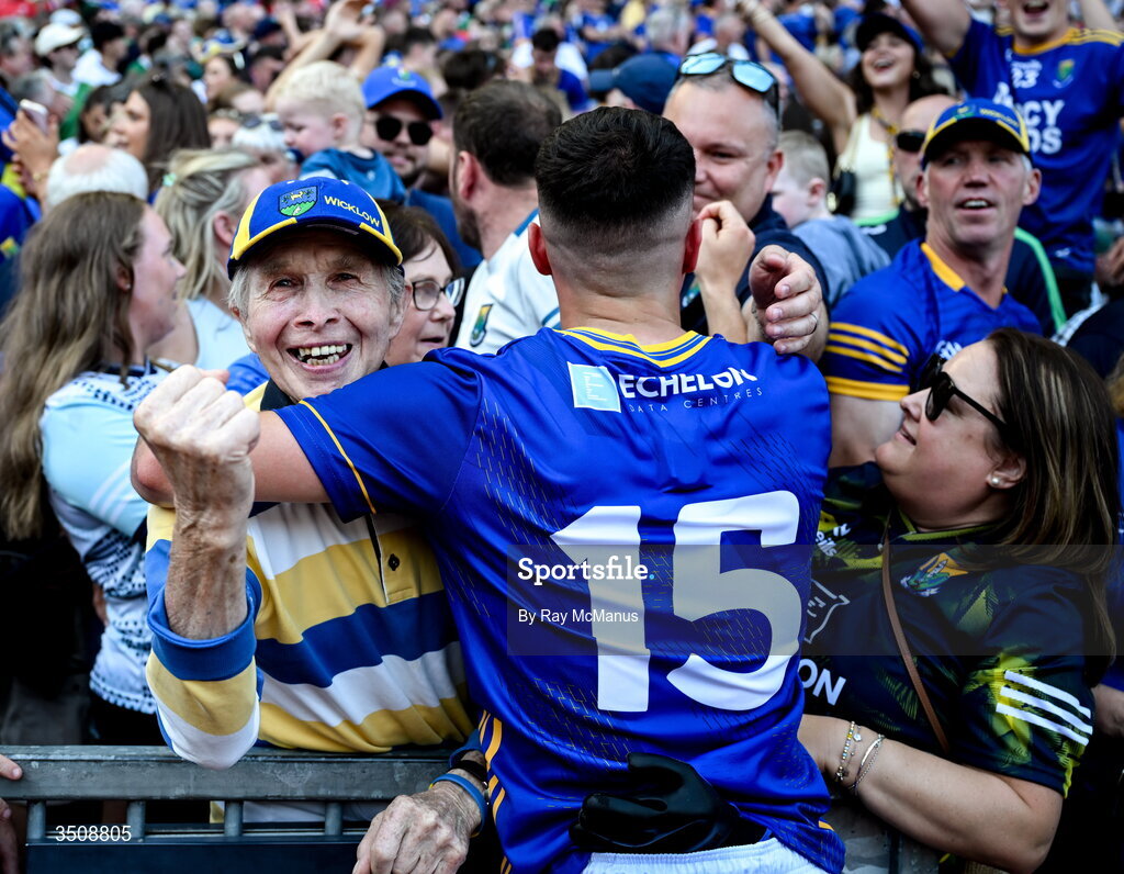 11 July 2026; Eoin Darcy of Wicklow and Wicklow supporter Des Burton, a life long Dublin supporter, after the Tailteann Cup final match between Down and Wicklow at Croke Park in Dublin. Photo by Ray McManus/Sportsfile