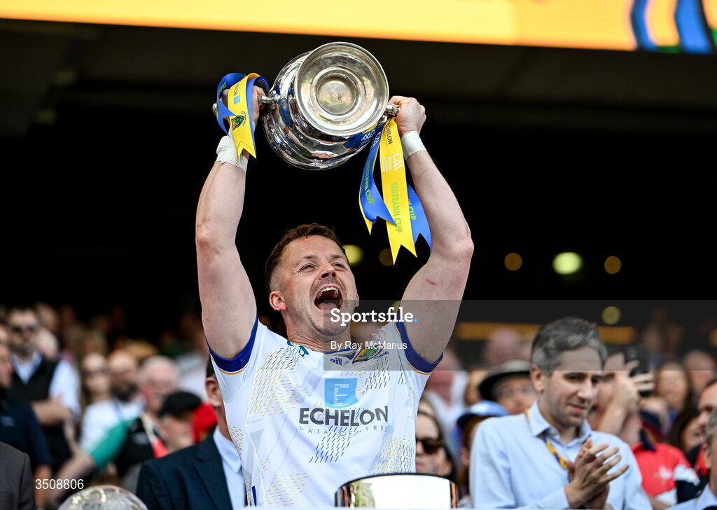 11 July 2026; Wicklow goalkeeper Cathal Fitzgerald lifts the Tailteann Cup after the final between Down and Wicklow at Croke Park in Dublin. Photo by Ray McManus/Sportsfile