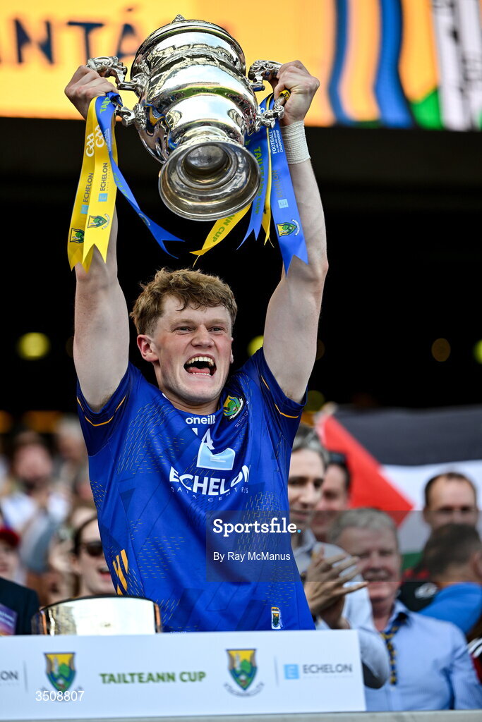 11 July 2026; Kevin Quinn of Wicklow lifts the Tailteann Cup after the final between Down and Wicklow at Croke Park in Dublin. Photo by Ray McManus/Sportsfile