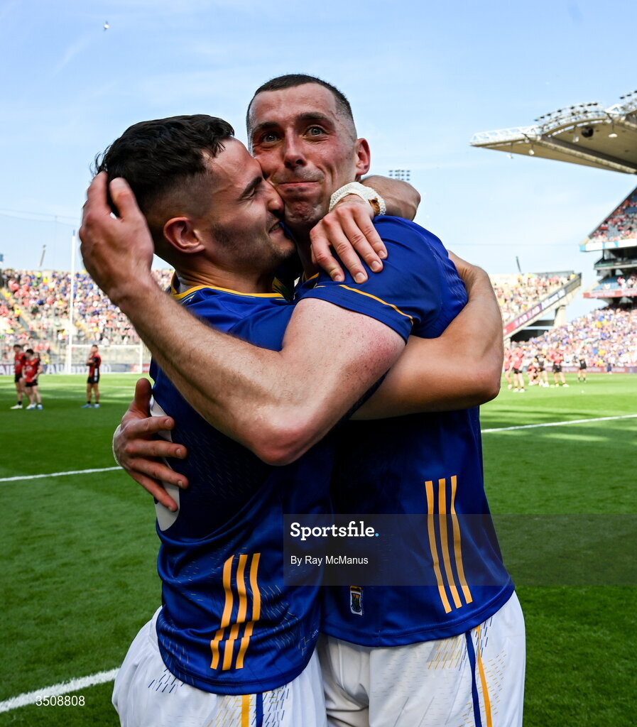 11 July 2026; Eoin Darcy, left, and Padraig O'Toole of Wicklow celebrate after the Tailteann Cup final match between Down and Wicklow at Croke Park in Dublin. Photo by Ray McManus/Sportsfile