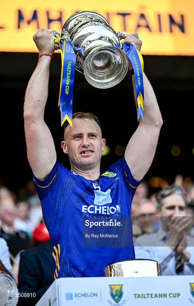 11 July 2026; Dean Healy of Wicklow lifts the Tailteann Cup after the final between Down and Wicklow at Croke Park in Dublin. Photo by Ray McManus/Sportsfile