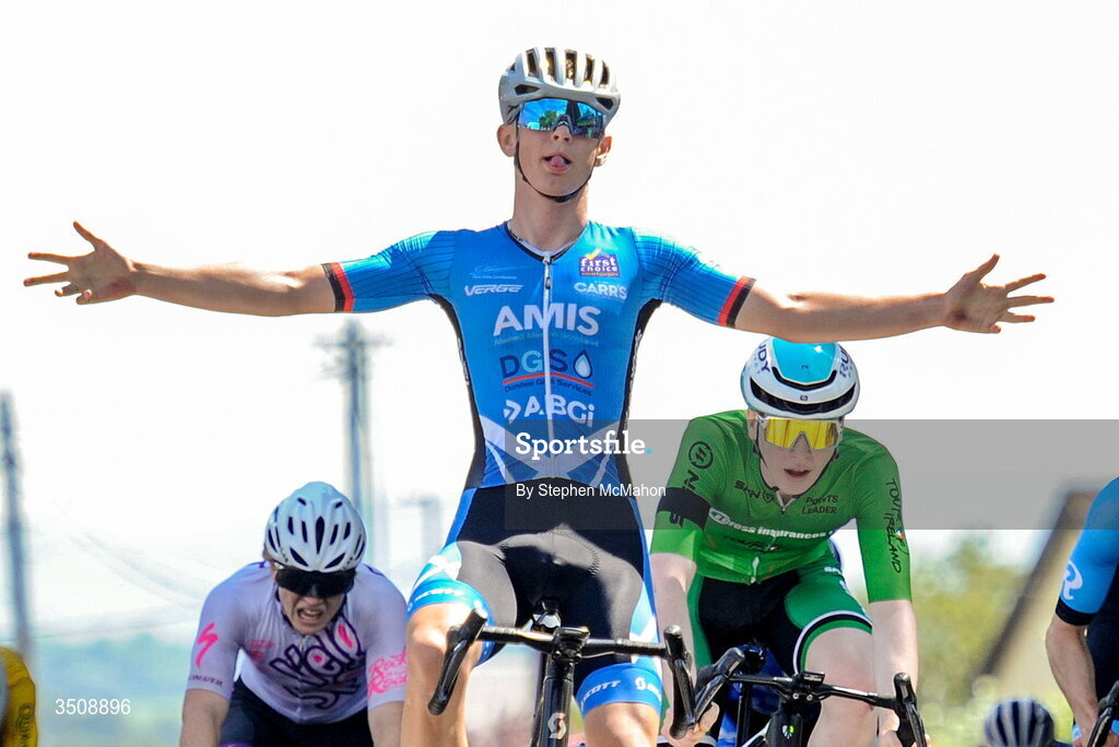 12 July 2026; Frazer Gemmell of Spokes-Oscar Onley Development after winning Stage 6 of 2026 Junior Tour of Ireland in Ennis. Photo by Stephen McMahon/Sportsfile