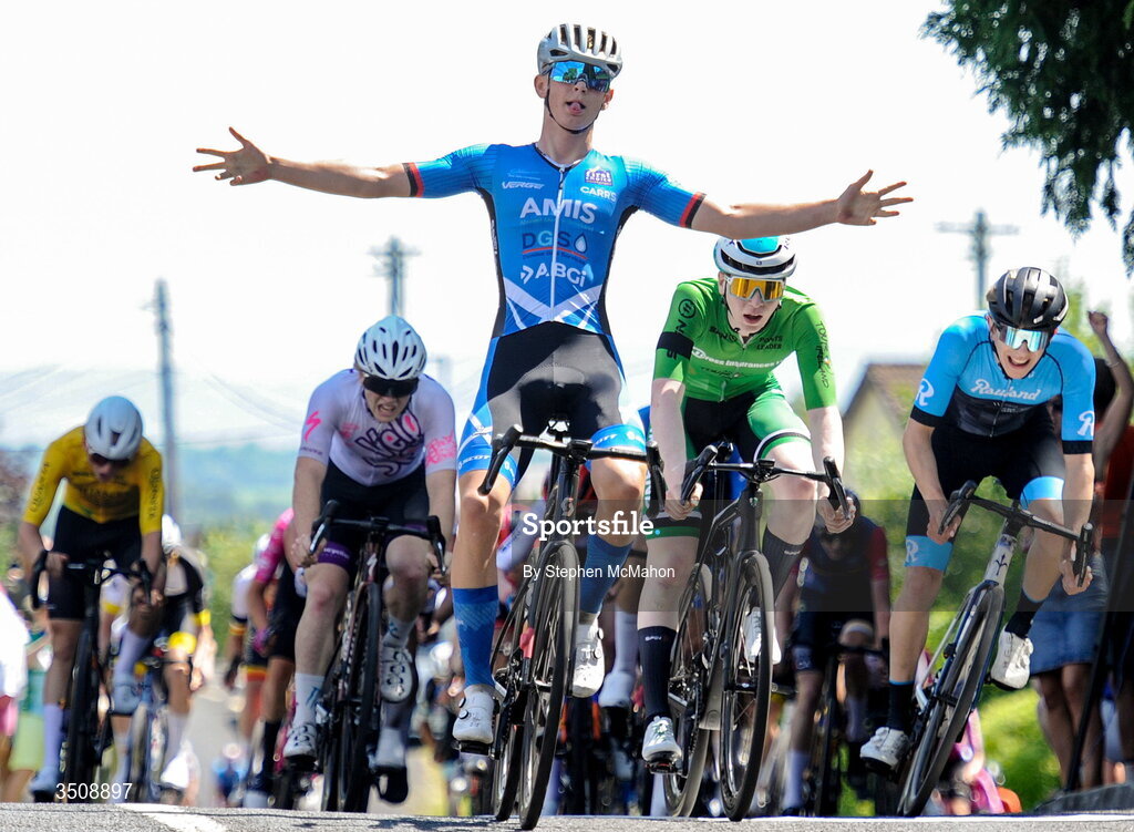 12 July 2026; Frazer Gemmell of Spokes-Oscar Onley Development after winning Stage 6 of 2026 Junior Tour of Ireland in Ennis. Photo by Stephen McMahon/Sportsfile