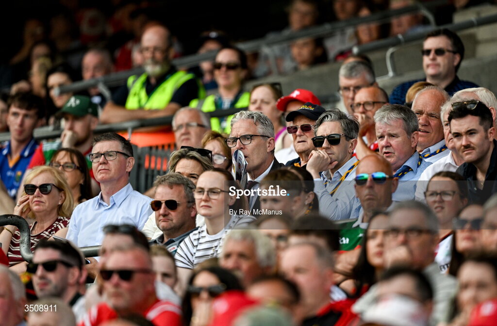 11 July 2026; The Táiniste Simon Harris, Ard Stiúrthóir of the GAA Tom Ryan, and President of the GAA Jarlath Burns during the Tailteann Cup final match between Down and Wicklow at Croke Park in Dublin.Ard Stiúrthóir of the GAA Tom RyanUachtarán Chumann Lúthchleas Gael Jarlath Burns Photo by Ray McManus/Sportsfile
