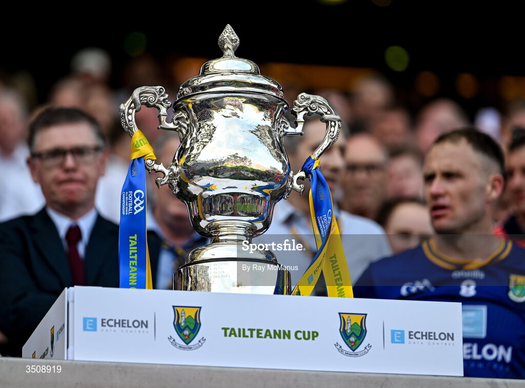 11 July 2026; The Tailteann Cup on a podium before the presentation the Tailteann Cup final match between Down and Wicklow at Croke Park in Dublin. Photo by Ray McManus/Sportsfile