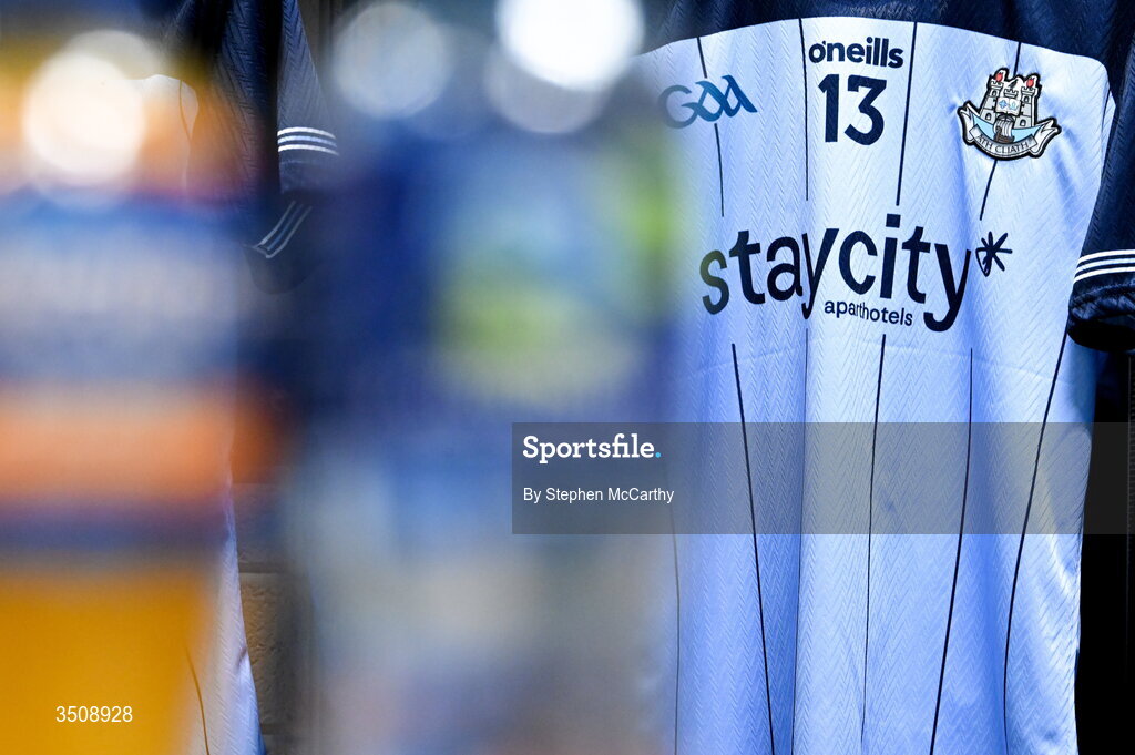 12 July 2026; A detailed view of a Dublin jersey in their dressing room before the GAA Football All-Ireland Senior Championship semi-final match between Dublin and Kerry at Croke Park in Dublin. Photo by Stephen McCarthy/Sportsfile