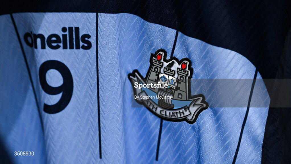12 July 2026; A detailed view of a Dublin jersey in their dressing room before the GAA Football All-Ireland Senior Championship semi-final match between Dublin and Kerry at Croke Park in Dublin. Photo by Stephen McCarthy/Sportsfile