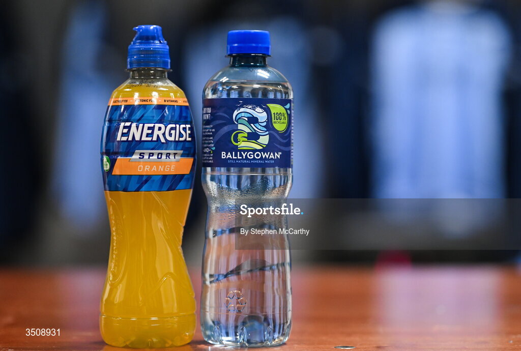 12 July 2026; A detailed view of an Engergise Sport and a Ballygowan water bottle in the Dublin dressing room before the GAA Football All-Ireland Senior Championship semi-final match between Dublin and Kerry at Croke Park in Dublin. Photo by Stephen McCarthy/Sportsfile