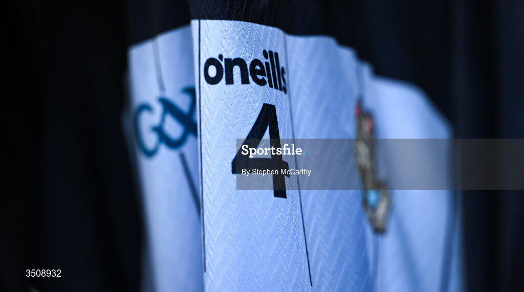 12 July 2026; A detailed view of a Dublin jersey in their dressing room before the GAA Football All-Ireland Senior Championship semi-final match between Dublin and Kerry at Croke Park in Dublin. Photo by Stephen McCarthy/Sportsfile