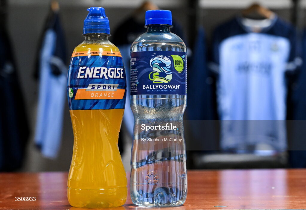 12 July 2026; A detailed view of an Engergise Sport and a Ballygowan water bottle in the Dublin dressing room before the GAA Football All-Ireland Senior Championship semi-final match between Dublin and Kerry at Croke Park in Dublin. Photo by Stephen McCarthy/Sportsfile