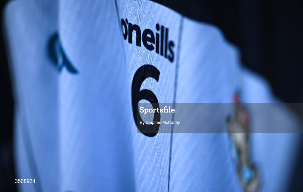 12 July 2026; A detailed view of a Dublin jersey in their dressing room before the GAA Football All-Ireland Senior Championship semi-final match between Dublin and Kerry at Croke Park in Dublin. Photo by Stephen McCarthy/Sportsfile