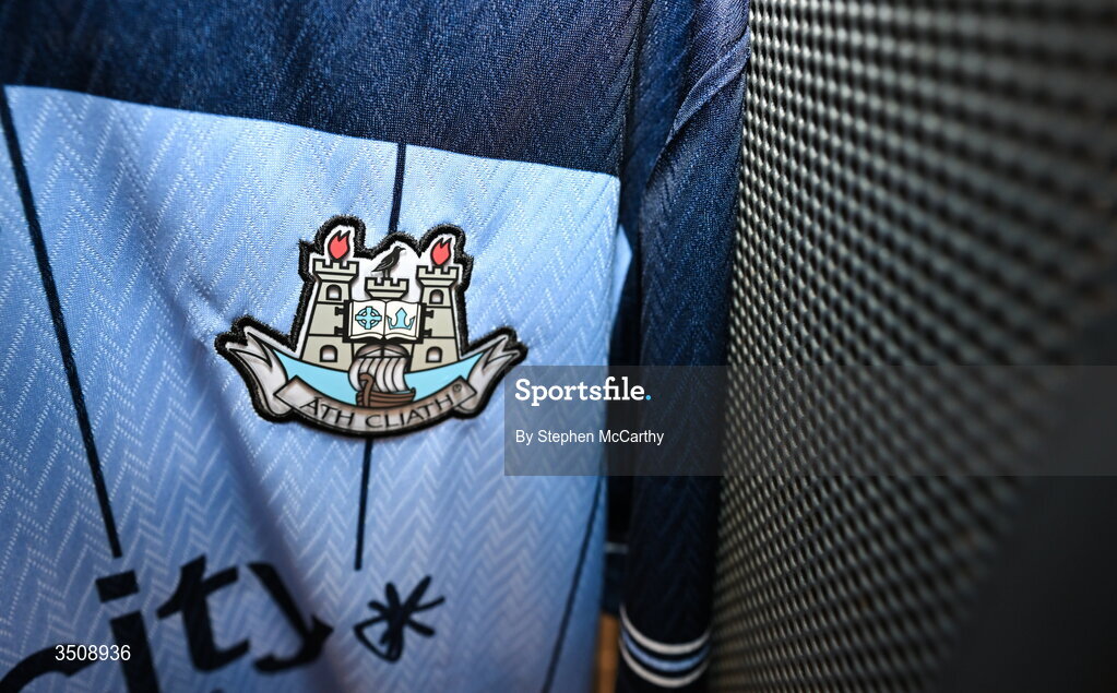 12 July 2026; A detailed view of a Dublin jersey in their dressing room before the GAA Football All-Ireland Senior Championship semi-final match between Dublin and Kerry at Croke Park in Dublin. Photo by Stephen McCarthy/Sportsfile