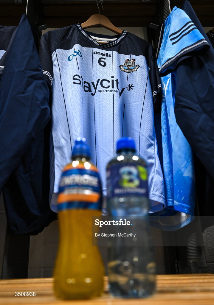12 July 2026; A detailed view of a Dublin jersey in their dressing room before the GAA Football All-Ireland Senior Championship semi-final match between Dublin and Kerry at Croke Park in Dublin. Photo by Stephen McCarthy/Sportsfile