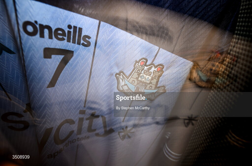 12 July 2026; A detailed view of a Dublin jersey in their dressing room before the GAA Football All-Ireland Senior Championship semi-final match between Dublin and Kerry at Croke Park in Dublin. Photo by Stephen McCarthy/Sportsfile