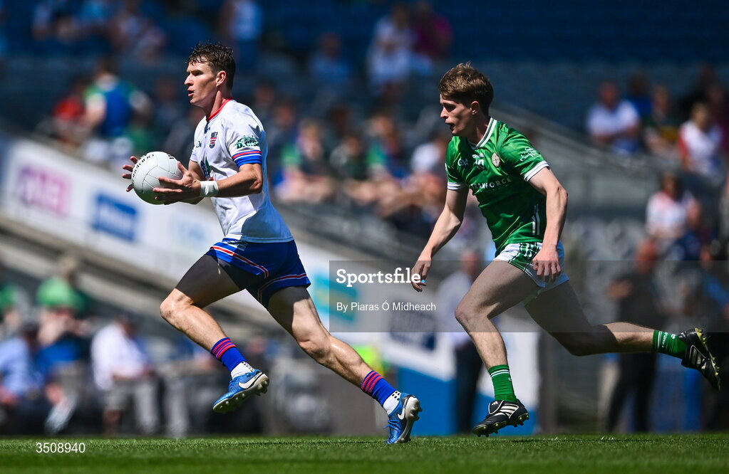 12 July 2026; Ronan Orford of USGAA in action against Terry Gallagher of London during the GAA Football All-Ireland Junior Championship Final match between USGAA and London at Croke Park in Dublin. Photo by Piaras Ó Mídheach/Sportsfile