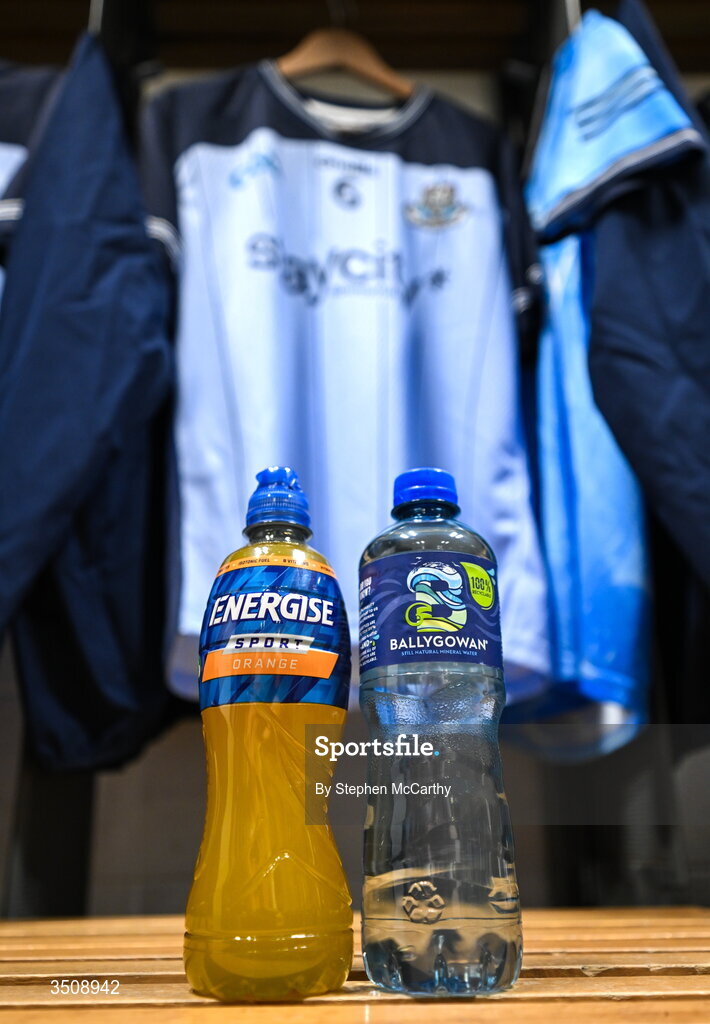 12 July 2026; A detailed view of an Engergise Sport and a Ballygowan water bottle in the Dublin dressing room before the GAA Football All-Ireland Senior Championship semi-final match between Dublin and Kerry at Croke Park in Dublin. Photo by Stephen McCarthy/Sportsfile