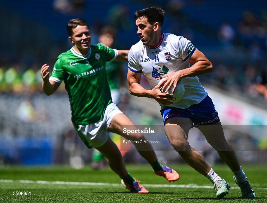12 July 2026; Eoin Gormley of USGAA in action against Jack Power of London during the GAA Football All-Ireland Junior Championship Final match between USGAA and London at Croke Park in Dublin. Photo by Piaras Ó Mídheach/Sportsfile