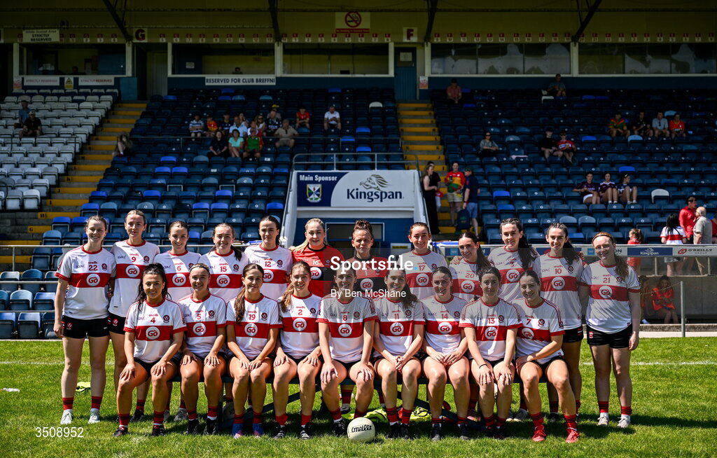 12 July 2026; The Derry team before the LGFA TG4 All-Ireland Junior Championship semi-final match between Carlow and Derry at Kingspan Breffni in Cavan. Photo by Ben McShane/Sportsfile