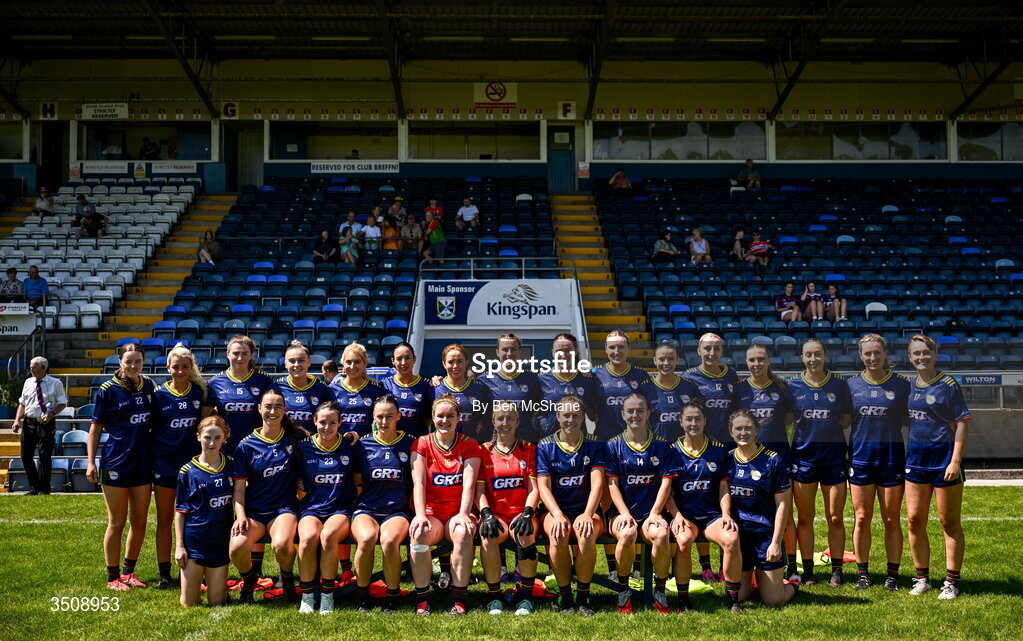 12 July 2026; The Carlow team before the LGFA TG4 All-Ireland Junior Championship semi-final match between Carlow and Derry at Kingspan Breffni in Cavan. Photo by Ben McShane/Sportsfile