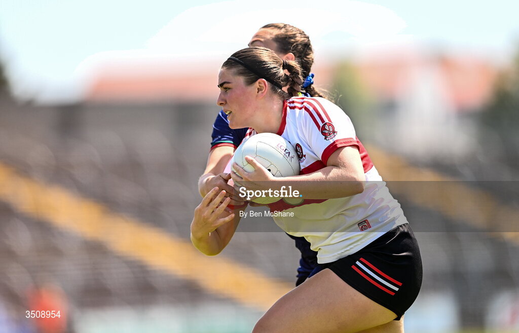 12 July 2026; Jemma Shivers of Derry in action against Anne Roche of Carlow during the LGFA TG4 All-Ireland Junior Championship semi-final match between Carlow and Derry at Kingspan Breffni in Cavan. Photo by Ben McShane/Sportsfile