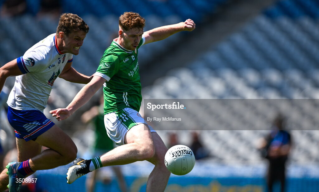 12 July 2026; Conor Redican of London scores a goal, in the 11th minute, during the GAA Football All-Ireland Junior Championship Final match between USGAA and London at Croke Park in Dublin. Photo by Ray McManus/Sportsfile