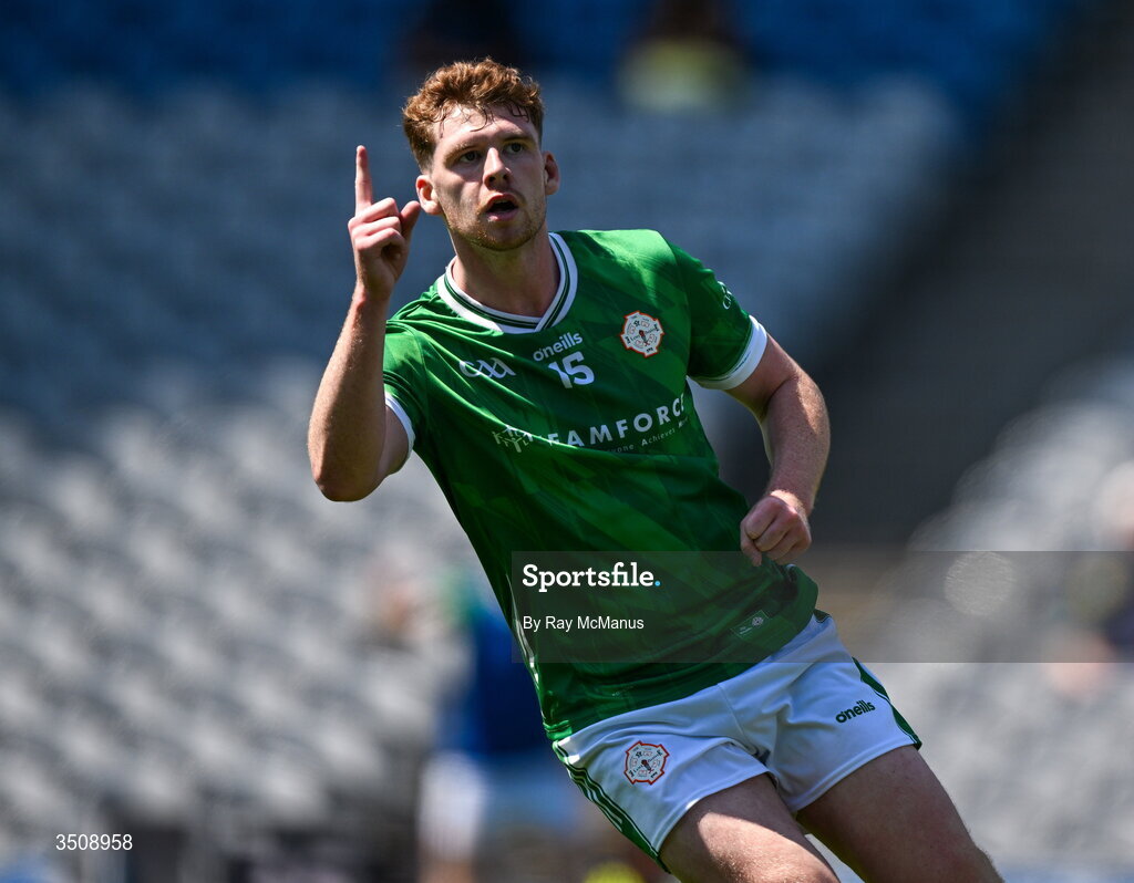 12 July 2026; Conor Redican of London celebrates scoring a goal, in the 11th minute, during the GAA Football All-Ireland Junior Championship Final match between USGAA and London at Croke Park in Dublin. Photo by Ray McManus/Sportsfile