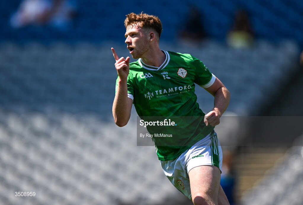 12 July 2026; Conor Redican of London celebrates scoring a goal, in the 11th minute, during the GAA Football All-Ireland Junior Championship Final match between USGAA and London at Croke Park in Dublin. Photo by Ray McManus/Sportsfile