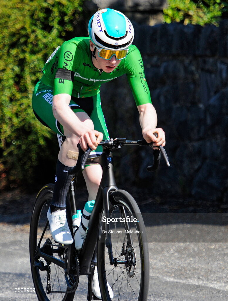 12 July 2026; Points leader Rian McCrystal of Cycling Ireland during Stage 6 of 2026 Junior Tour of Ireland in Ennis. Photo by Stephen McMahon/Sportsfile